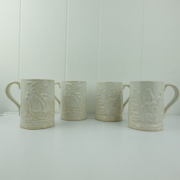 Williams Sonoma Winter Wonderland Embossed Ivory Mug Set 4 - Picture 1 of 9
